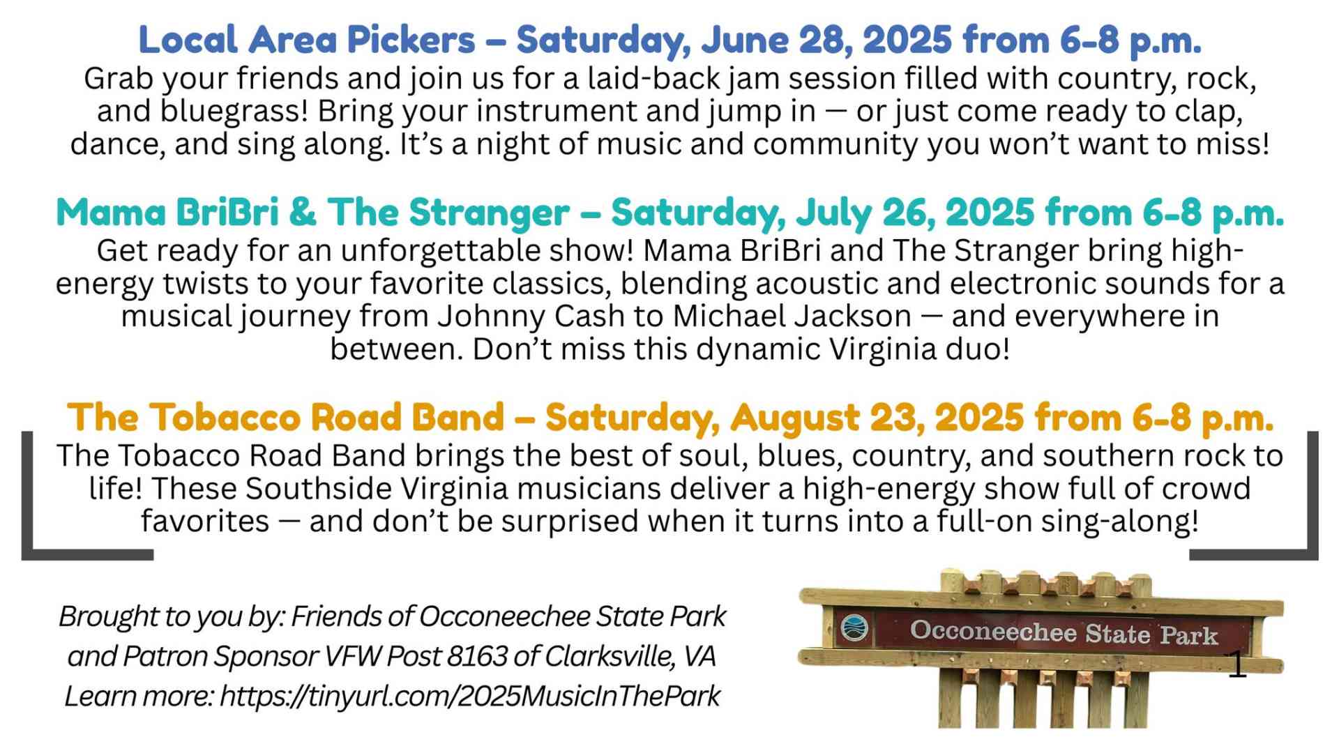 OCCONEECHEE STATE PARK: The Tobacco Road Band - Saturday, August 23, 2025 from 6-8 p.m.